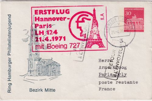 BRD - Lufthansa Firstflight Hannover Paris 30 Pfg. Privatganzsache 1971