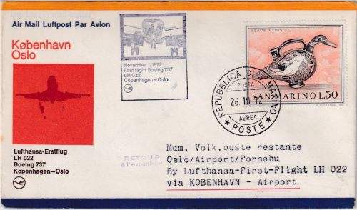 San Marino - Lufthansa Erstflug Kopenhagen Oslo Zuleitungspost 1972