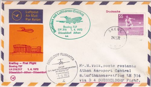 Schweden - Lufthansa Erstflug Düsseldorf Athen Zuleitungspost Skene 1972
