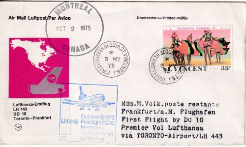 St. Vincent - Lufthansa Erstflug Montreal Frankfurt Zuleitungspost 1975