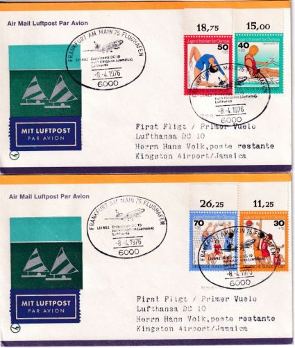 BRD - Jugend 1974 (Olympia) Oberrandsatz 2 Lufthansa Erstflugbriefe FFM Kingston