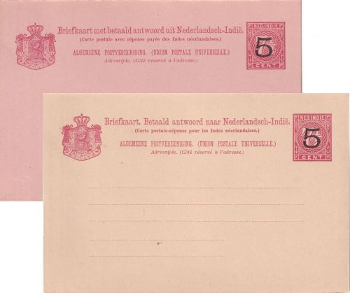 Netherland Indies - 5 on 7 1/2 C. overprint stationery post card w/reply unused