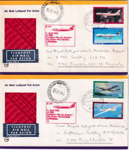 BRD - Jugend 1980 Satz 2 LH-Erstflugbriefe FFM - Montevideo Zul. Mönchengladbach