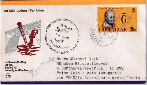 Gibraltar - Lufthansa Erstflug Venedig München 1979 Zuleitungspost !