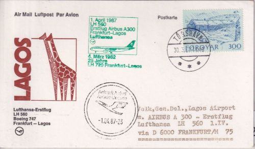 Färöer - Lufthansa Erstflug Frankfurt a/M - Lagos 1987 - Zuleitungspost !