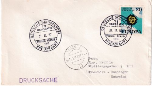 BRD - Deutsche Schiffspost TS Hanseatic Kreuzfahrt Drucksache n. Schweden 1967