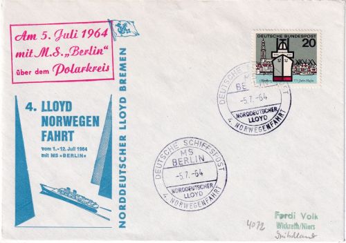 BRD - Deutsche Schiffspost MS Berlin 4. Norwegenfahrt Schmuckkuvert 1964
