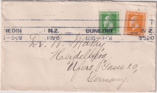 New Zealand - 1/2 + 2 P. King George V. Brief Dunedin - Heidelberg 1920