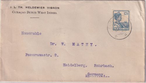 Curacao - 12 1/2 C. Wilhelmina Firmenbrief n. Heidelberg 1921