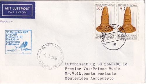 BRD - 2x30 Pfg. Goldener Hut Lupo-Drucksache n. URUGUAY Frankfurt a/M. 1977