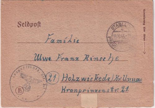 DR - Stablack ü. Pr. Eylau Poststelle I Feldpostbrief n. Holwickede 11.10.44