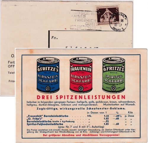 DR - Offenbach a/M. 1936 farb. Firmenwerbekarte (Farben u. lacke Fritze & Co.)