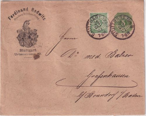 Württemberg - 5 Pfg. Privatganzsache (Redwitz) + Zusatz Brief Stuttgart 1891