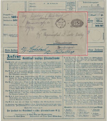 DR-Infla - Berlin W8 20.5.21 15 Pfg. PFS Drucksache n. Mannheim Nachsendevermerk