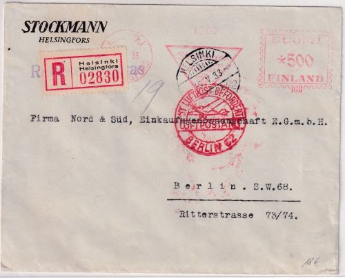 Finnland - 500 P. AFS "Stockmann" Luftpost-Einschreibebrief Helsinki 1933