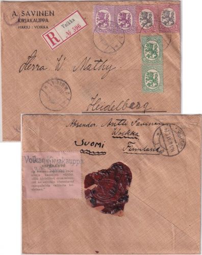 Finnland - 2x1 M. Löwe u.a. Einschreibebrief Voikka - Heidelberg 1921