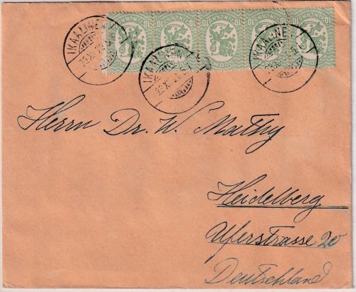 Finnland - 10 P. Löwe 5er-Streifen Drucksache Ikaalinen - Heidelberg 1921