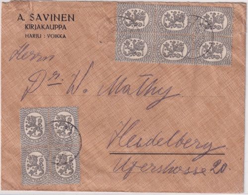 Finnland - 5 P. Löwe 4er+6er-Block Brief Voikka - Heidelberg 1920