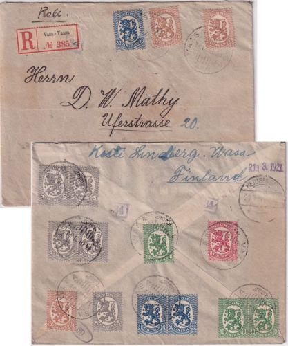 Finnland - 3x25 P. Löwe u.a. Einschreibebrief Vasa - Heidelberg 1921