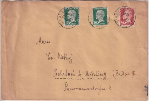 Frankreich - 30+2x10 C. Pasteur brief Strasbourg - Rohrbach b. Heidelberg 1923