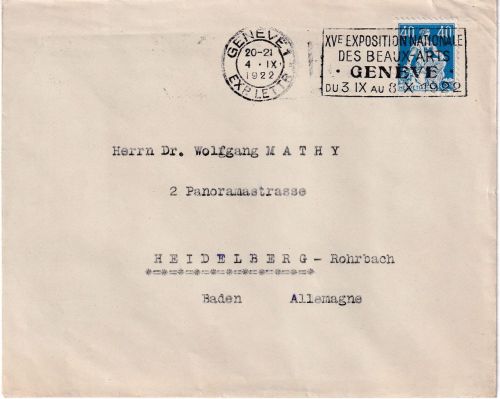 Schweiz - Genf 1922 XV. Exposition Nat. des Beaux Art masch.werbestpl. Brief