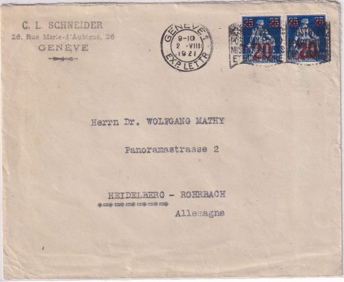 Schweiz - 20/25 Rp. Helvetia/Überdruck Paar Brief Genf - Heidelberg 1921