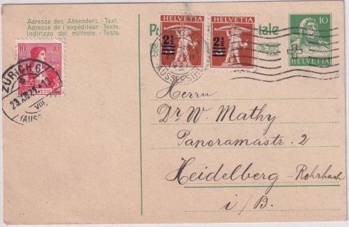 Schweiz - 10 Rp. Tell Ganzsache + Zusatz Zürich - Heidelberg 1921 Nachfrankatur