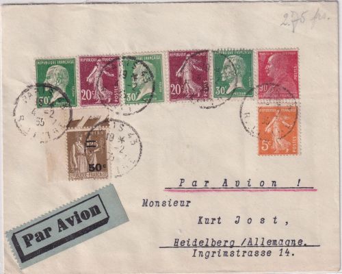 Frankreich - 90 C. Berthelot u.a. Luftpostbrief Paris - Heidelberg 1935