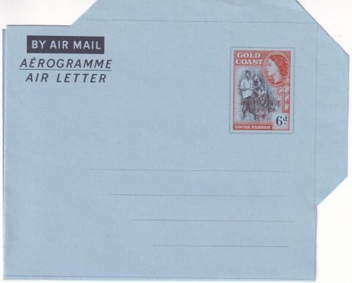 Gold Coast - 6 P. cocoa farmer/Overprint aerogramme stationery unused 1957