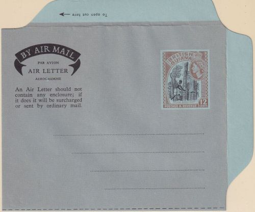 British Guiana - 12 P. QEII felling greenheart aerogramme stationery unused