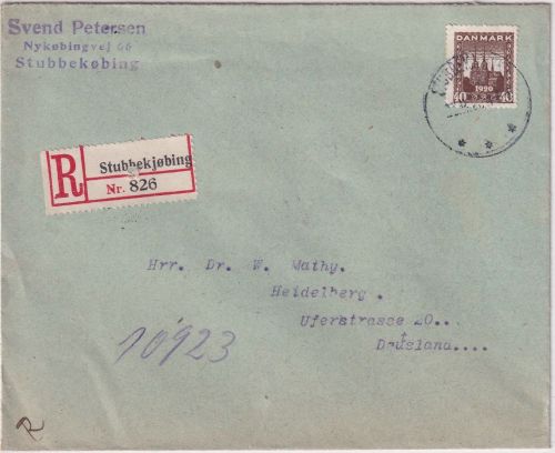 Dänemark - 40 Ö. Dom Roskilde Einschreibebrief Stubbekjobing - Heidelberg 1920