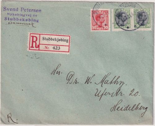 Dänemark - 2x30+10 Ö Christian X. Einschreibebrief Stubbekjobing Heidelberg 1920