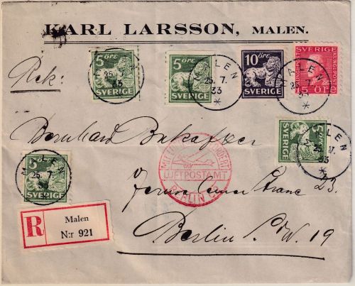 Schweden - 4x5 Ö. Löwe u.a. Luftpost-Einschreibebrief Malen - Berlin 1933