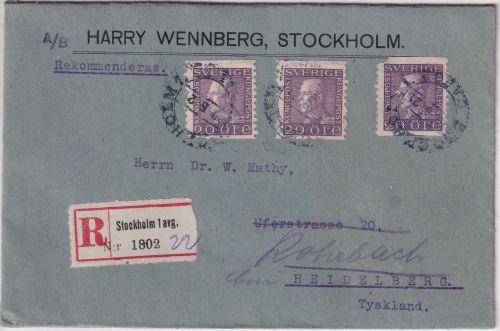 Schweden - 3x20 Ö. Gustaf V. Einschreibebrief Stockholm 1 avg - Heidelberg 1921