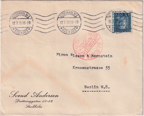 Schweden - 25 Ö. Gustaf V. Luftpostbrief Stockholm - Berlin 1933