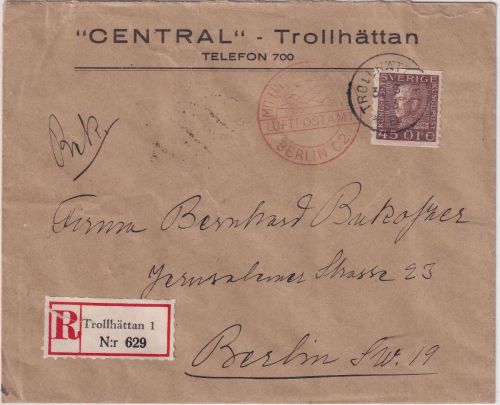 Schweden - 45 Ö. Gustaf V. Luftpost-Einschreibebrief Trollhättan - Berlin 1933