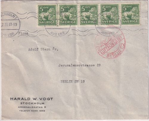 Schweden - 5 Ö. Löwe 5er-Streifen Luftpostbrief Stockholm - Berlin 1933
