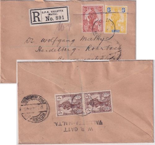 Malta - 4 P. Britannia u.a. Einschreibebrief GPO Valletta - Heidelberg 1924