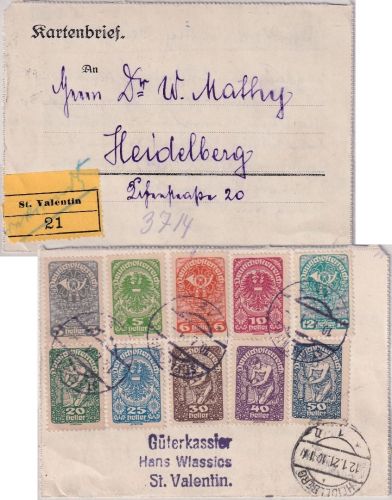 Österreich - St. Valentin bunt frankierter Einschreibebrief n. Heidelberg 1921
