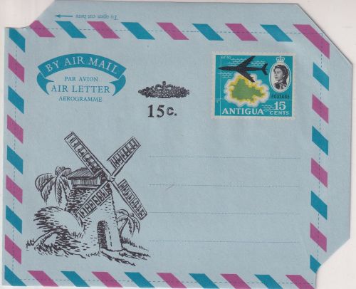 Antigua - 15+15 P. windmill surcharged aerogramme air letter stationery unused