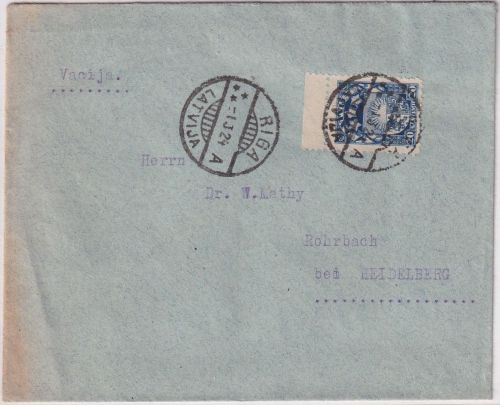 Lettland - 20 S. Staatswappen Oberrand Brief Riga - Rohrbach 1924