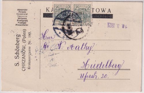 Polen - 2x2 M. Adler Karte Chrzanow - Heidelberg 1921 - Zensur Krakau