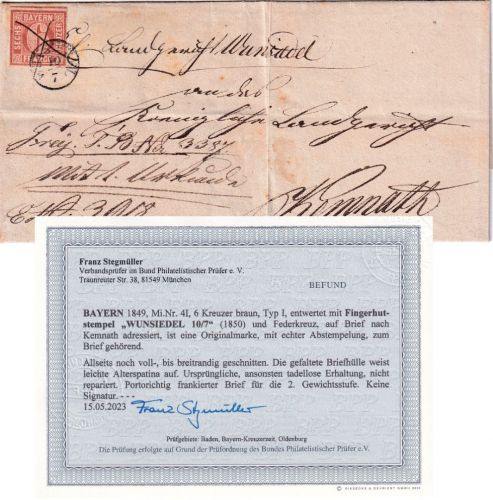 Bayern - 6 Kr. Quadrat braun Platte I Brief Fingerhut-K1 Wunsiedel 10/7 + Fdzg.