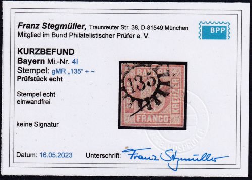 Bayern - 6 Kr. Quadrat braun Platte I gMR 135 (Hof) + Federzug KB Stegmüller BPP
