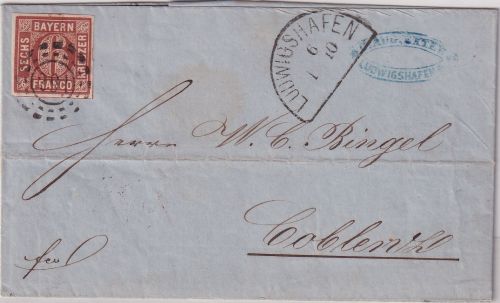 Bayern/Preussen - 6 Kr. Quadrat braun Brief oMR 291 HKS Ludwigshafen 1/10 (1860)