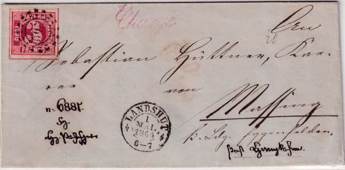 Bayern - 3 Kr. Quadrat rot Chargebrief oMR 269 OPA Landshut 1. MAI 1865