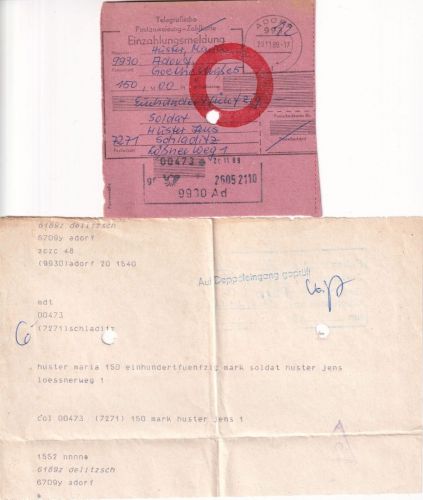 DDR - Adorf 1989 Telegrafische Postanweisung Einzahlungsmeldung m. Fernschreiben