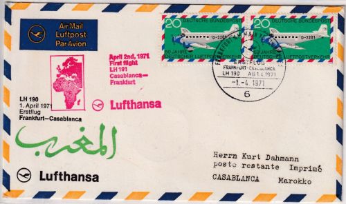 BRD - 2x20 Pfg. Luftpostverkehr/Tante Ju Lupo-Drucksache n. MAROKKO 1971
