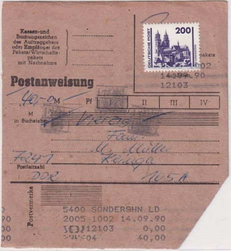 DDR/VGO - 200 Pfg. Bauwerke Postanweisung Sondershausen - Klinga 14.9.90