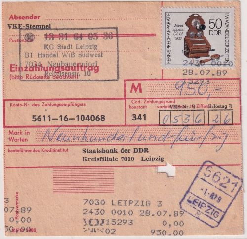 DDR - 50 Pfg. Hist. Telefon Einzahlungsauftrag Neubauerndorf/Leipzig 28.7.89